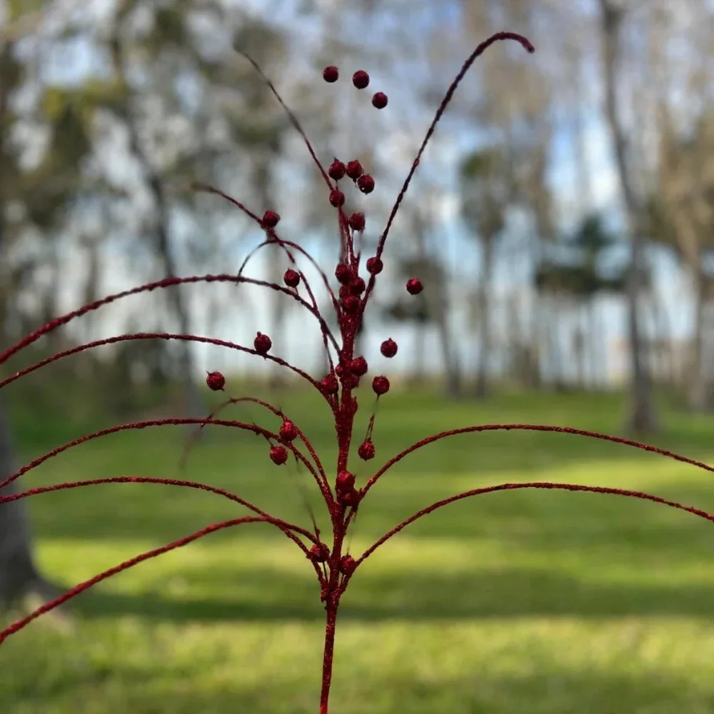 Large Red Glitter Millet Grass Ball Spray Christmas Stem Pick Wreath Accent